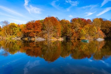 Sonbaharda Central Park 'ta. Sonbahar manzarası. Göletteki tekne. Sonbahar doğa manzarası. Central Park 'ta sonbahar doğası. Mevsimlik sonbahar manzarası. Sonbahar göletine park teknesi, New York. Manzaralı düşüş. Şehir simgesi.