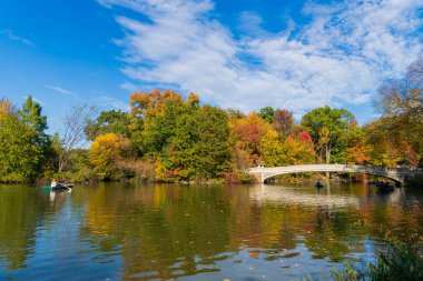 New York City, ABD - 25 Ekim 2023: Sonbahar ağaçlı Central Park. Sonbahar doğası. Gölde teknesi olan New York City Central Park. Sonbahar manzarası. Central Park 'ta insanlar kürek çekiyor..