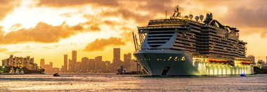 Miami, Florida, ABD - 16 Aralık 2024 MSC yolcu gemisi. Gemi turu ve deniz seyahati. Gün batımında aydınlatılmış gemi. MSC Sahil Yolcu Gemisi Yolculuğu. Yaz tatilinde gezmek.