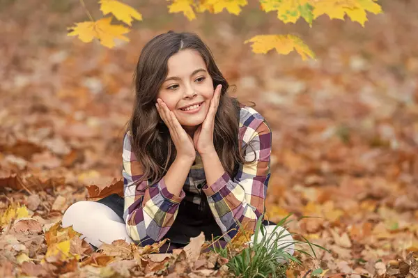 Sonbahar üniformalı kız güz yapraklarıyla dışarıda oturuyor. Okul tatilinde şık bir genç kız. Okula dönelim. Sonbahar yaprakları. Sonbahar parkındaki kız üniforması giyiyor. Gençler için sonbahar üniforması. Öğrenci hayatı.