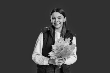 Genç stil sahibi kız sonbahar tarzında akçaağaç yapraklarını kırmızı renkte soyutlamış..