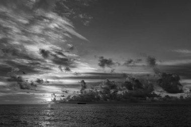 Dramatik gün batımı. Okyanus sahilinde gün doğumu. Yaz tatilinde gün batımı deniz manzarası. Deniz kıyısında gün doğumu. Gün batımında deniz manzarası sakin. Deniz manzarasında romantik bir yaz tatili. Manzaralı gün batımı.