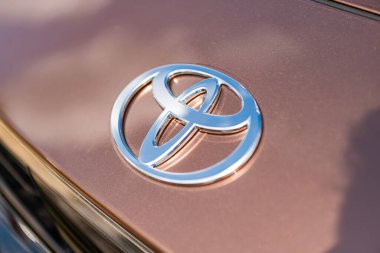 Park Ridge, Illinois, ABD - 16 Ağustos 2024: Güneşte parlayan lüks araba markası logosu. Toyota bayii. Toyota araba amblemi. Toyota marka lüks bir araba. Toyota markasının otomatik araba logosu.
