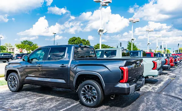 Park Ridge, Illinois, ABD - 16 Ağustos 2024: Toyota Tundra 'nın lüks kamyonet vagonu. Toyota Tundra 'nın arabası dışarıda park edilmiş. Toyota Tundra gri renk, arka manzara. 2024 Toyota Tundra kamyonet.