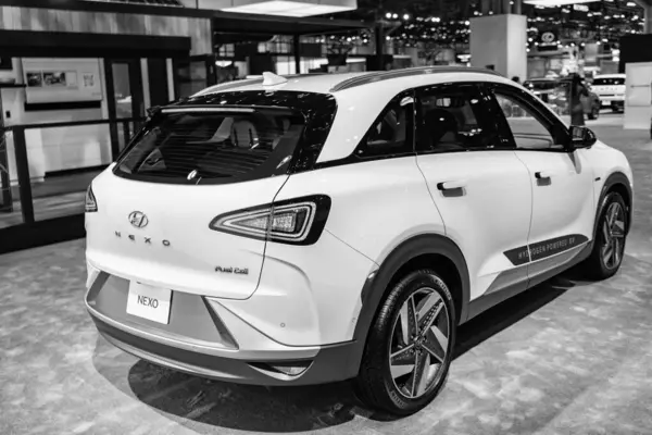 New York City, ABD - 27 Mart 2024: 2019 Hyundai NEXO elektrikli taşıt New York Uluslararası Otomobil Fuarı, nadir manzara.