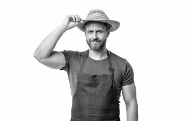 smiling caucasian man in hat and apron isolated on white background.