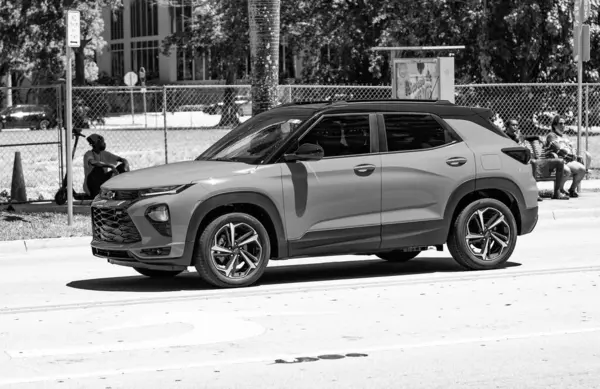 Miami Beach, Florida USA - April 15, 2021: blue chevrolet trailblazer RS suv vehicle, side view.