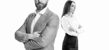 Başarılı iş adamları. İş arkadaşları beyazları izole ediyor. Resmi takım elbiseli iki iş adamı. Hırslı iş adamları destek veriyor. Profesyonel iş lideri ve menajeri. kırpılmış görünüm.