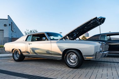 Park Ridge, Illinois, ABD - 18 Ağustos 2024: Chevy Monte Carlo. Otomobil fuarında park etmiş gümüş renkli bir araba. Chevrolet Monte Carlo arabası. Chevrolet Monte Carlo 'nun gümüş arabası.