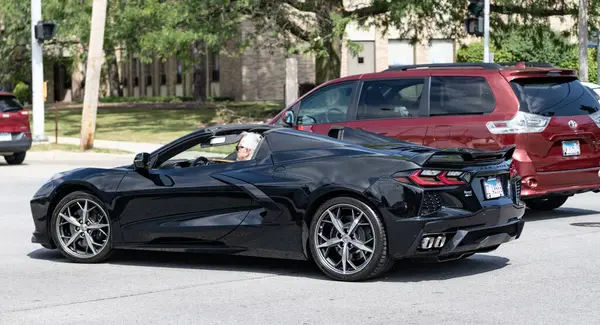 Park Ridge, Illinois, ABD - 29 Ağustos 2024 Chevrolet Corvette 'in üstü açık lüks arabası. Chevrolet Corvette 'in arabası yolda. Chevrolet Corvette, yan görüş. 2023 Chevrolet Corvette üstü açık araba..