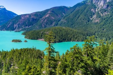 Kuzey Şelaleleri. Doğa manzarası. Kuzey Cascades Ulusal Parkı 'ndaki Diablo Gölü. Diablo Gölü 'nün manzarası. Dağ manzaralı Diablo gölü. Dağ tepesi ve Diablo gölü manzarası.