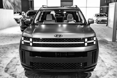 New York City, ABD - 28 Mart 2024: Hyundai Santa Fe SUV mat araba New York Uluslararası Otomobil Fuarı, ön manzara.