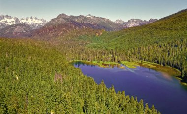 Doğa manzarası. Washington 'daki Cooper Gölü. Cooper Gölü 'nün popüler doğa yürüyüşü. Cooper gölü ve dağ manzarası. Cooper Gölü 'nün dağ ve orman manzarası. Görkemli dağlar.