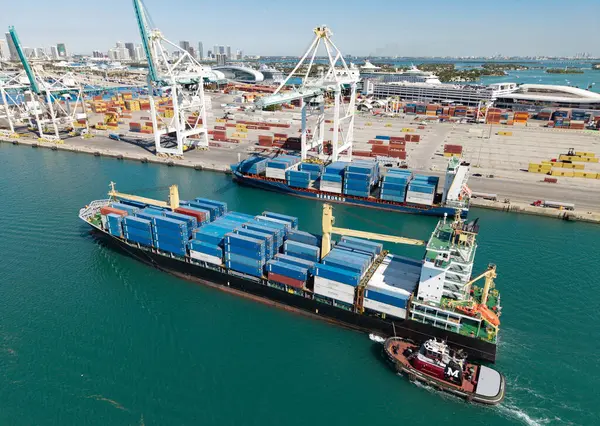 Miami, Florida, ABD - 20 Mart 2025: konteyner gemisi deniz taşımacılığı. Kargo Warnow Balina Limasol gemisi Miami hava sahasında konteynırlı. Kargo gemisinde nakliye konteynırı. Kargo gemisi. Miami Limanı.