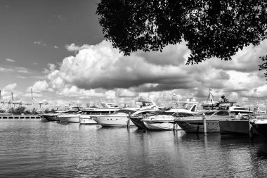Florida, South Beach marinasında yaz tatili için Miami sahiline demir atmış özel lüks bir tekne..