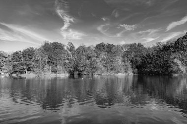Göletteki tekne. Sonbahar doğa manzarası. Central Park 'ta sonbahar doğası. Mevsimlik sonbahar manzarası. Sonbahar göletine park teknesi, New York. Manzaralı düşüş. Sonbaharda Central Park 'ta. Sonbahar manzarası. NYC 'de kürek çekmek.