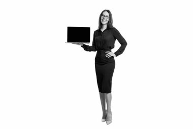 Görüntülü arama. Dijital girişimci, serbest girişim üzerine çalışıyor. Dizüstü bilgisayarı olan bir iş kadını. İnternette çalışan bir iş kadını. İş başarısı. Beyaz tenli zarif bir iş kadını. Finansal danışman.