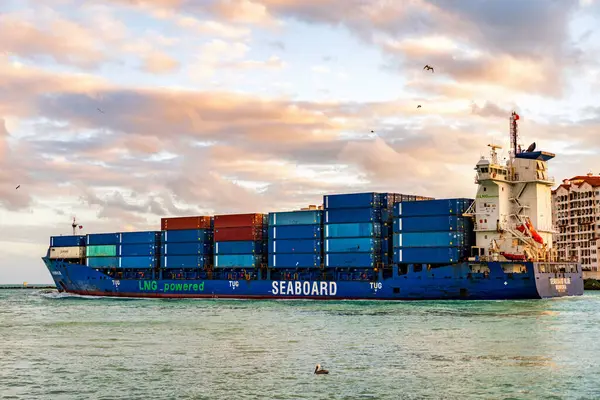 Miami, Florida, ABD - 14 Aralık 2024: kargo gemisinde nakliye konteynırı. Kargo gemisi. Miami limanı. Konteyner gemisi. Miami 'de konteynırlı kargo sahil mavi gemi, hava manzaralı..