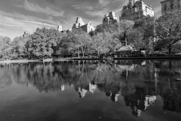 New York City, ABD - 20 Kasım 2023: Sonbahar sezonunda Central Park 'ın güzel şehir manzarası ve göldeki yansımasıyla sonbahar şehri manzarası.