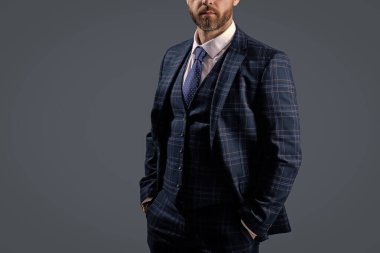 Gri üzerine kravat takılmış resmi takım elbise ceketi. İş adamı ceketli adam. İş elbisesi. Resmi erkek giyim konsepti. Formalite icabı giyinmiş bir adam. Zarif takım elbiseli bir iş adamı. Reklam..