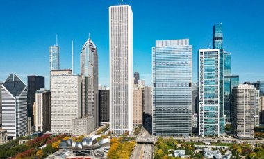 Chicago şehir merkezi parkı ve ufuk çizgisi. Autumn City Park manzarası. Sonbahar şehri parkı olan şehir manzarası. Chicago şehir manzarası gökyüzü mimarisi. Gökdelen ve manzara. Chicago şehir manzarası.