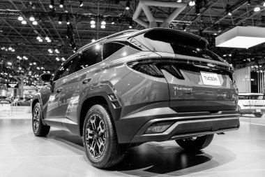 New York, ABD - 27 Mart 2024: 2025 Hyundai Tucson Olive Green Car at New York International Auto Show, back view.