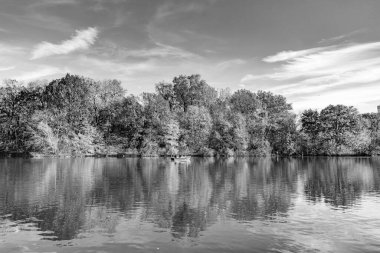 Sonbahar göletine park teknesi, New York. Manzaralı düşüş. Sonbaharda Central Park 'ta. Sonbahar manzarası. Göletteki tekne. Sonbahar doğa manzarası. Central Park 'ta sonbahar doğası. Mevsimlik sonbahar manzarası. Tekne sezonu.