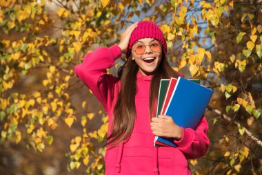 Sonbaharda liseli kız ders çalışıyor. Modern okulda eğitim. Sonbahar stili, okula giden genç bir kız. Bilgi ve eğitim. Eylül 'ün 1' inde, Eylül 'de sonbahar doğası. Ödev atamaları.