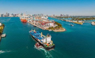Miami, Florida, ABD - 20 Mart 2025: Kargo Savaş Balinası Limasol gemisi Miami havalimanında. Kargo gemisinde nakliye konteynırı. Kargo gemisi. Miami limanı. Konteyner gemisi.