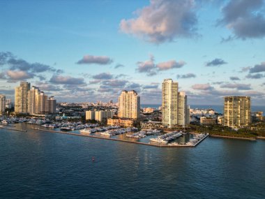 Miami marinasındaki lüks yatların hava manzarası. Miami marinasındaki tekne ve gökdelenlerin manzarası.