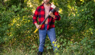 Baltalı oduncu adam. Oduncu baltası. Ağaç kesen baltalı adam. Düğmeleri iliklenmemiş bir adam. Oduncu dışarıda çok çalışıyor. Acımasız oduncu. Vahşilik ve erkeklik. Kırpılmış görünüm.