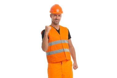 Başarılı bir proje. İnşaatçı başarılı bir iş yapıyor. İnşaat mühendisi şapka takıyor. Denetçi işçi. İnşaat işçisi. Tamirci beyazı izole etti. İnsan inşaatçısı mühendisi.