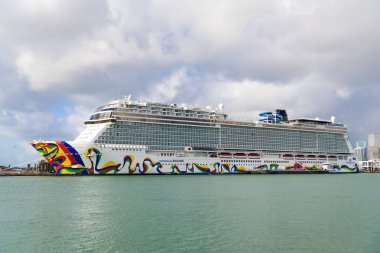 Miami, Florida, ABD - 03 Kasım 2024: Norveç yolcu gemisi yolculuğu. Yaz tatilinde gemi turu. Norveçli gemi şirketi. Gemi turu ve deniz seyahati. NCL gemisi. Seyahat kavramı.