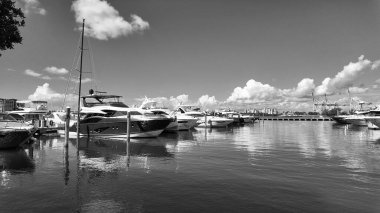 Navigasyon yatı. Özel lüks tekne Miami sahiline demir attı. Yaz tekne tatili. Miami yat turu. Yazın yat tatili. Marina körfezi. Deniz marinasında lüks bir karavan yatı. Yat bakımı.