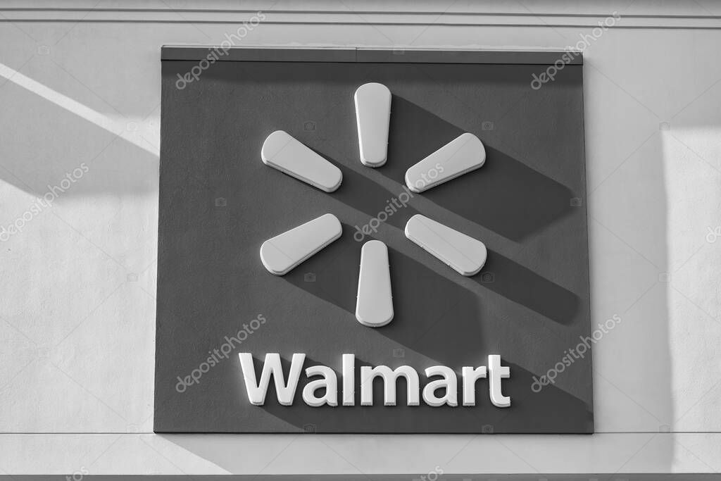 Chicago, USA - August 17, 2024: Walmart logo sign on the store. Walmart discount retailer. Exterior view of Walmart store logo sign.