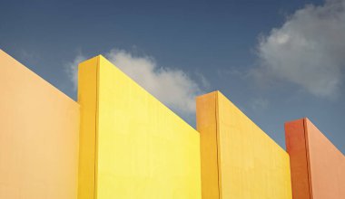 Modern fütürist mimari. Geometrik şekil. Mavi gökyüzüne karşı modern mimari. Mimari geometrik detay. Dış görünüş ve dış görünüş. Geometrik turuncu bina tasarımı.