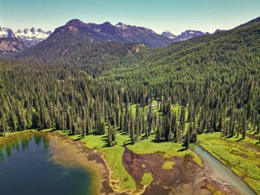 Cooper Gölü 'nün dağ ve orman manzarası. Doğa manzarası. Washington 'daki Cooper Gölü. Cooper Gölü 'nün popüler doğa yürüyüşü. Cooper gölü ve dağ manzarası. Manzara izleri.