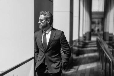 Patron iş adamı. Girişimcinin başarısı. Ofis müdürü. İş yerindeki kendine güvenen iş adamı. Yeni hedefler. İş vizyonu ve liderlik. Takım elbiseli bir iş adamı. Modern hayat.