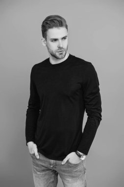 Tıraşsız adam Griler 'de izole edilmiş. Şık saç kesimi olan bir adamın portresi. Milenyum karizmatik modeli. Erkeklerin güzelliği. Kendine güveni olan adam. Gündelik kazak giyen genç yakışıklı bir adam. Kafkas modeli.