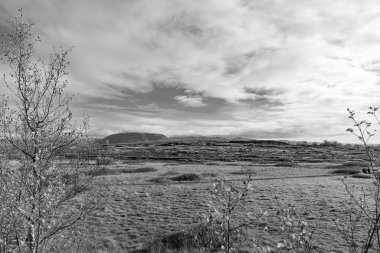 İzlanda doğası. Dağ kırsalında sonbahar doğası. Dağ manzaralı bir yer. Manzara sonbahar kırsalında. Dağlı kırsal alan. Sonbahar dağ manzarası. Panorama görünümü.