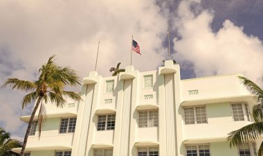 Art Deco mimarisi. Mimari bina. Art deco. Mimari bölge Art Deco. Miami sahilinin modern binası. Okyanus yolculuğu. Ocean Drive, ABD 'deki Miami Plajı.