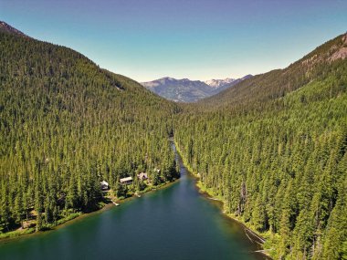 Doğa manzarası. Washington 'daki Cooper Gölü. Cooper Gölü 'nün popüler doğa yürüyüşü. Cooper gölü ve dağ manzarası. Cooper Gölü 'nün dağ ve orman manzarası. Doğal güzellik vahşi yaşam.