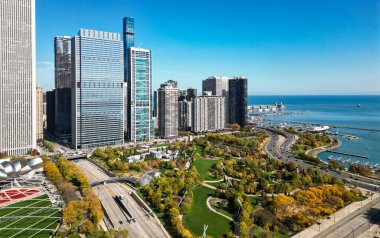 Sonbahar şehri parkı olan şehir manzarası. Chicago şehir manzarası gökyüzü mimarisi. Gökdelen manzarası. Chicago şehir manzarası. Chicago şehir merkezi parkı ve ufuk çizgisi. Autumn City Park manzarası. İş bölgesi.