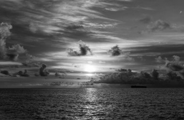 Gün batımında dramatik deniz manzarası. Deniz manzarasında romantik bir yaz tatili. Dramatik gün doğumu. Deniz gündoğumu yaz plajı. Yaz tatilinde gün batımı deniz manzarası. Deniz kıyısında gün doğumu. Okyanusun üzerinde gün batımı