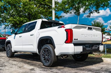 Park Ridge, Illinois, ABD - 16 Ağustos 2024: Toyota Tundra SR5 2024 kamyonet. Toyota Tundra 'nın lüks kamyonet vagonu. Toyota Tundra 'nın arabası dışarıda park edilmiş. Toyota Tundra beyaz renk, köşe görünümü.
