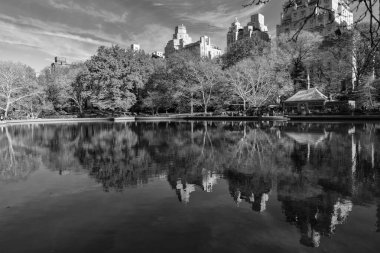 New York City, ABD - 20 Kasım 2023: Sonbahar sezonunda Central Park 'ın güzel şehir manzarası ve nehir manzarası ile sonbahar şehri manzarası.