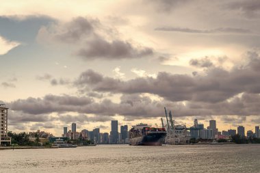 Miami, Florida, ABD - 06 Haziran 2024: kargo gemisinde nakliye konteynırı. CMA CGM Dalila . Kargo gemisi limandan ayrılıyor. Konteyner gemisi. İhraç ve ithalat. Miami 'de konteynırlı kargo servisi