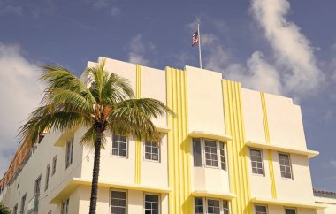 Art Deco mimarisi. Mimari bina. Art deco. Mimari bölge Art Deco. Miami sahilinin modern binası. Okyanus yolculuğu. Ocean Drive Florida 'daki Miami Plajı.
