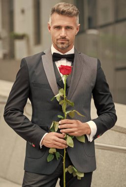 Siyah smokinli zarif adam. Smokin giymiş, papyonlu bir adam. Kırmızı güllü gri smokinli adam..