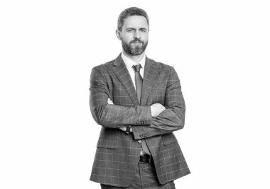 Takım elbiseli başarılı bir CEO. Kendine güvenen bir girişimci. İş liderliği. Profesyonel İspanyol CEO başarısını ifade ediyor. İşadamı beyazdan izole edilmiş. İş başarısı. Büyük patron olmak..